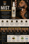 Advertisement for a hydrating mist for beards with a man using the product and text highlighting its benefits.
