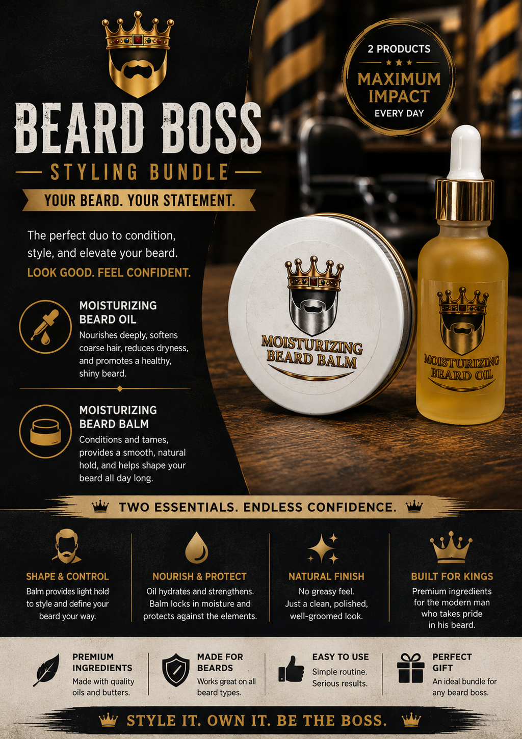Beard Boss styling bundle with beard oil and balm on a dark background