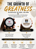 A promotional infographic for JS Oils Beard Balms featuring two hands holding round product tins side by side, with large headline text reading 'THE GROWTH OF GREATNESS' and additional marketing copy about beard balms and brand journey.